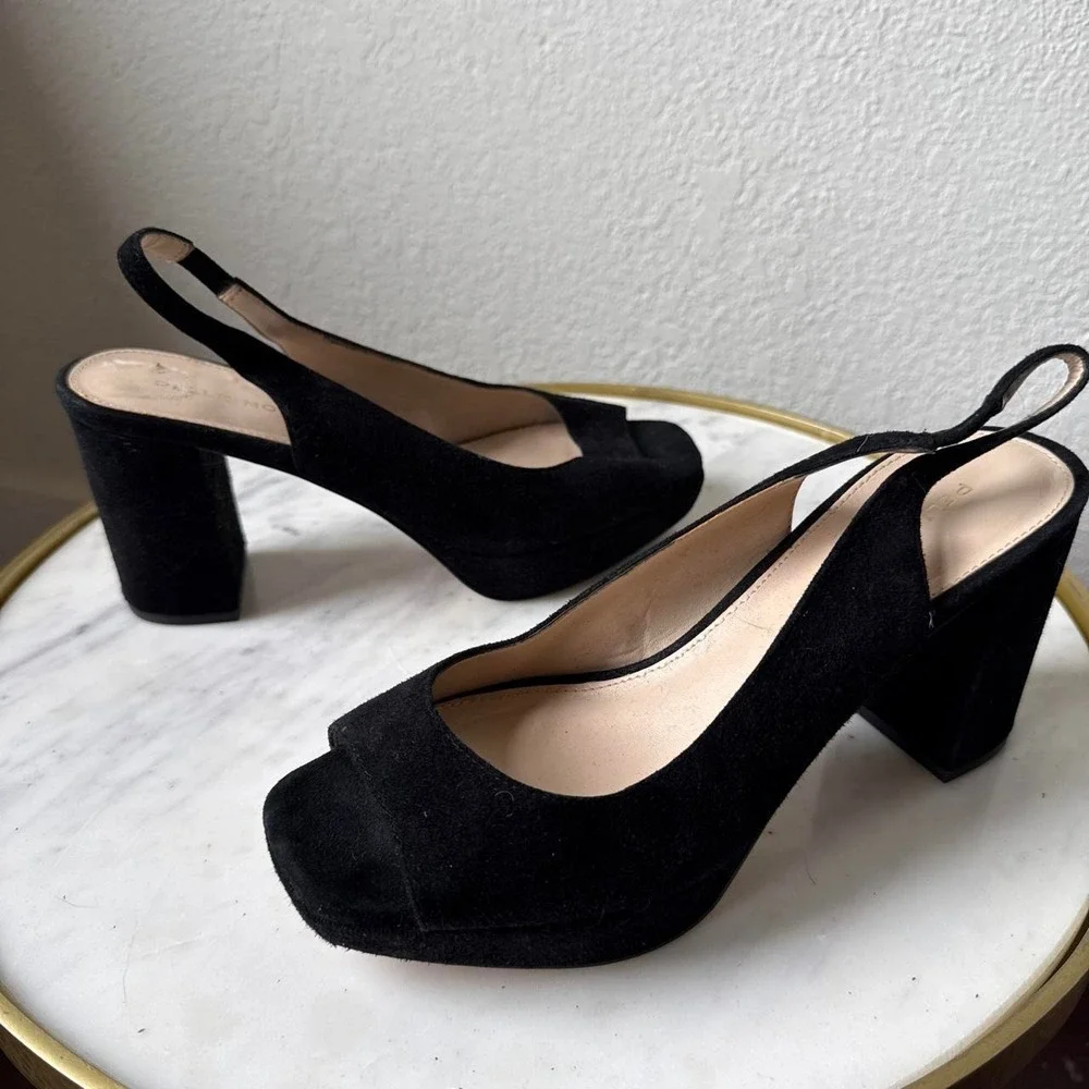 Pelle Moda Black Suede Peep Toe Slingback Block Heels Platform Formal Womens 7M